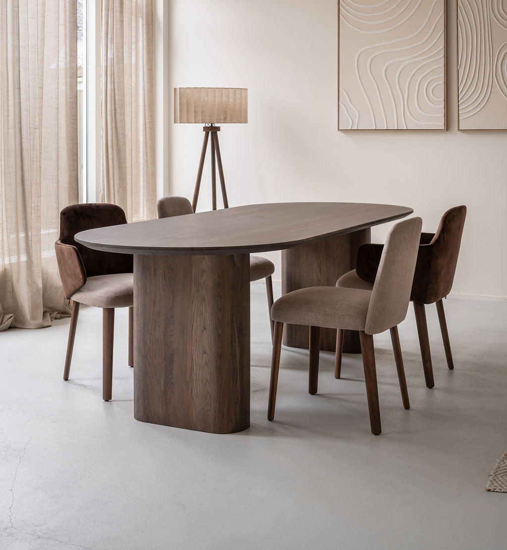 Plat ovale eiken eettafel Noah - mokka - onderstel mokka