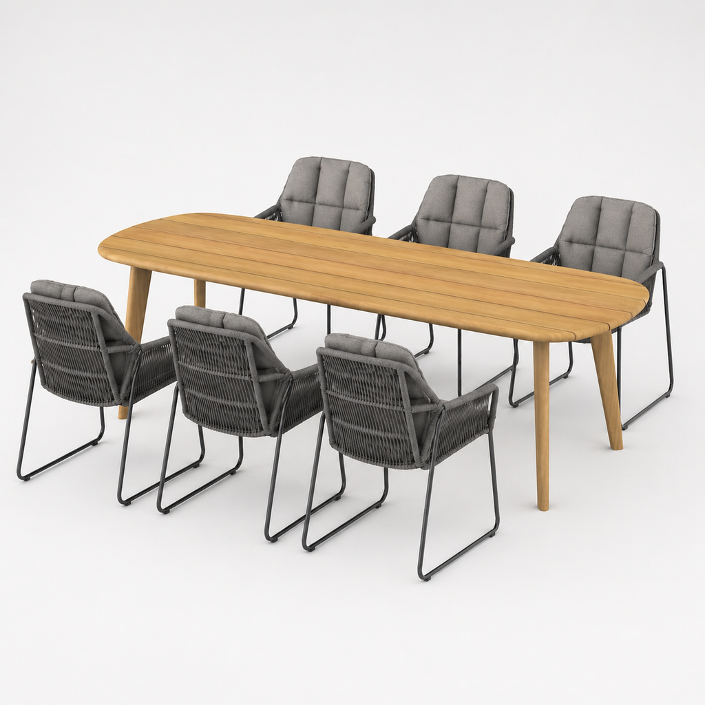 Deens ovale iroko tuinset Finn - 6 tuinstoelen Rivera charcoal