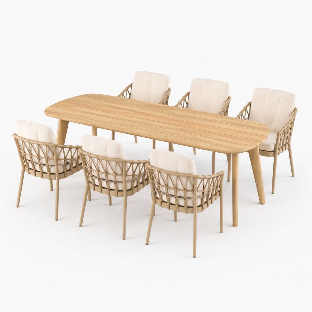 Deens ovale iroko tuinset Finn - 6 tuinstoelen Nevada champagne