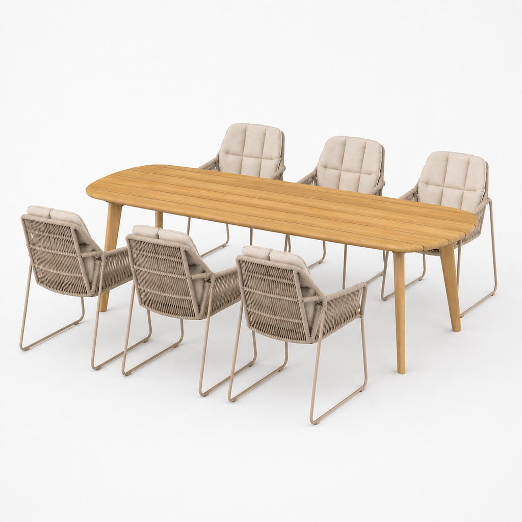 Deens ovale iroko tuinset Finn - 6 tuinstoelen Rivera champagne