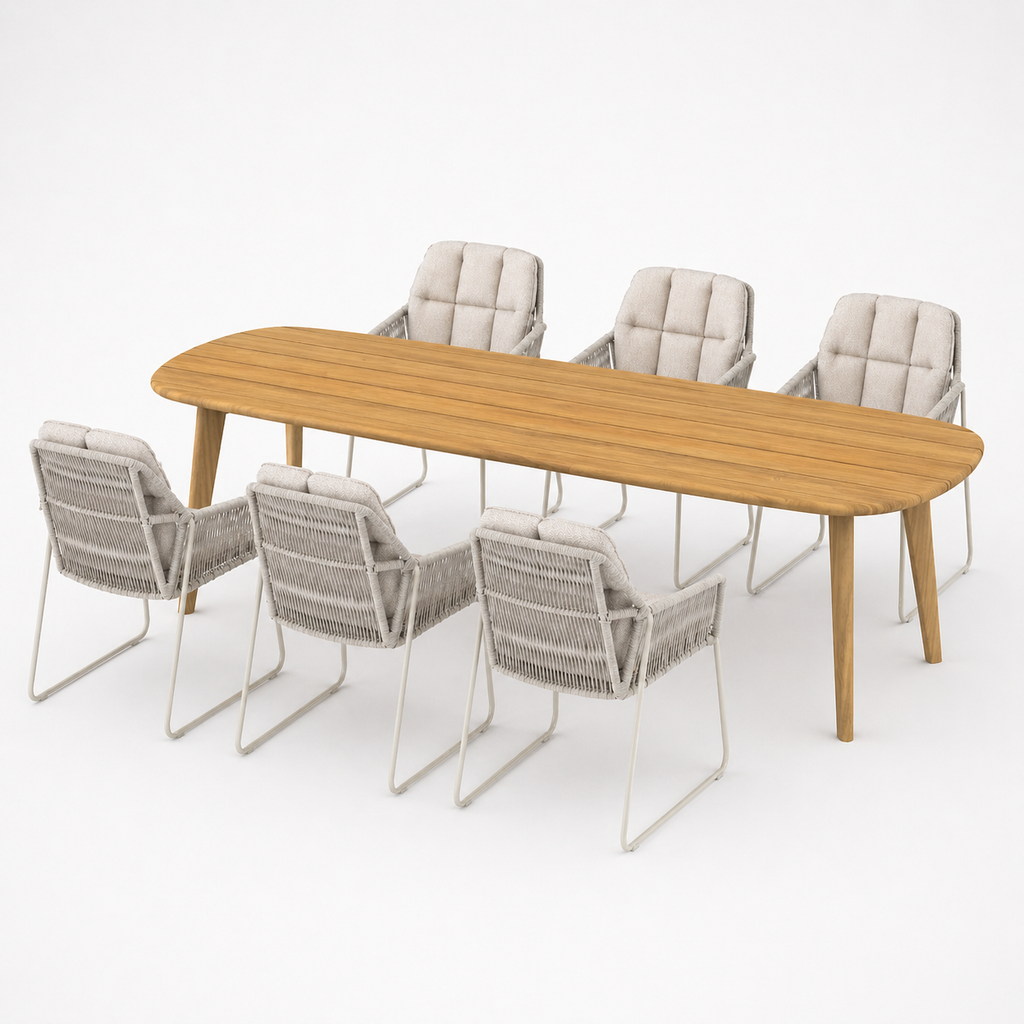 Deens ovale iroko tuinset Finn - 6 tuinstoelen Rivera wit