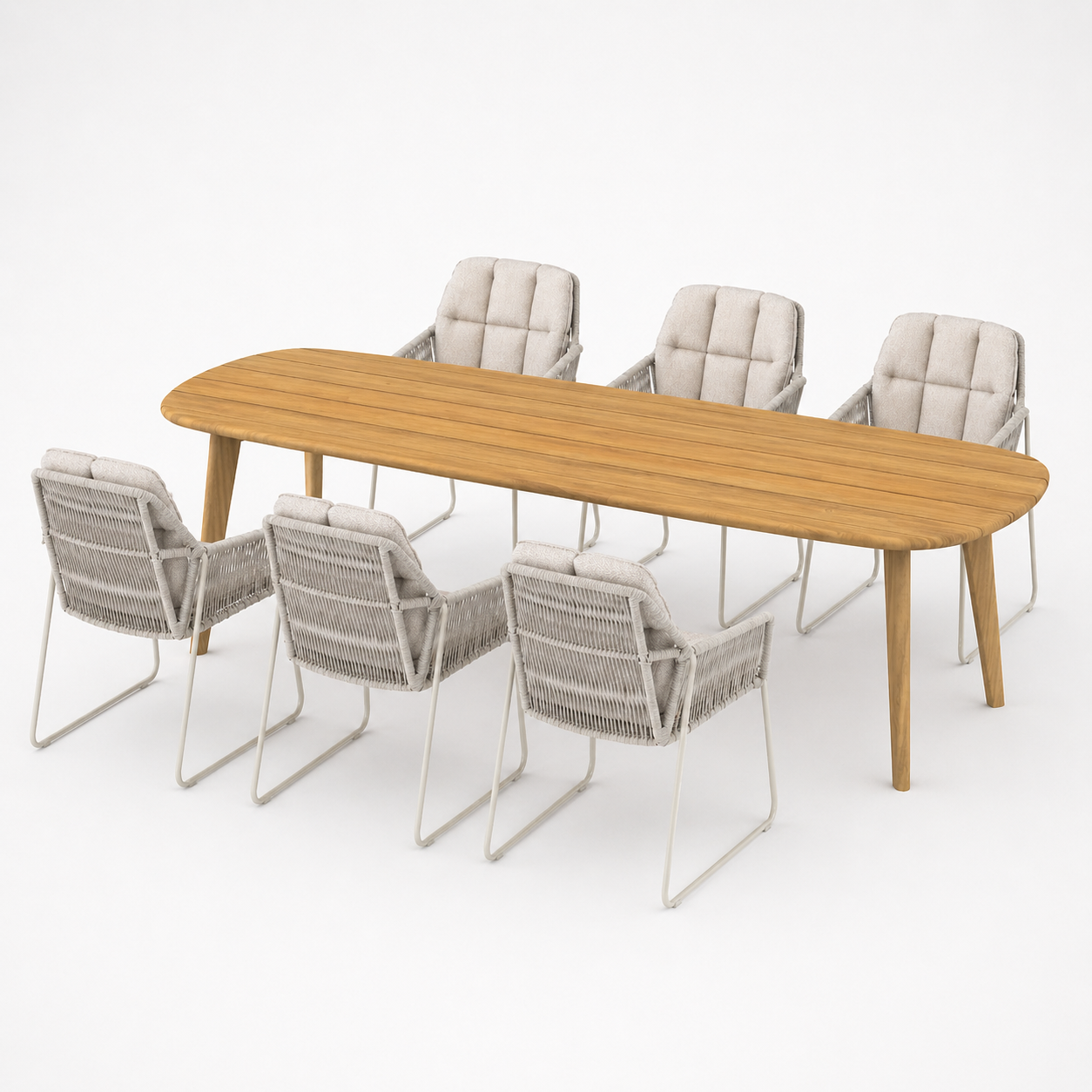 Deens ovale iroko tuinset Finn - 6 tuinstoelen Rivera wit