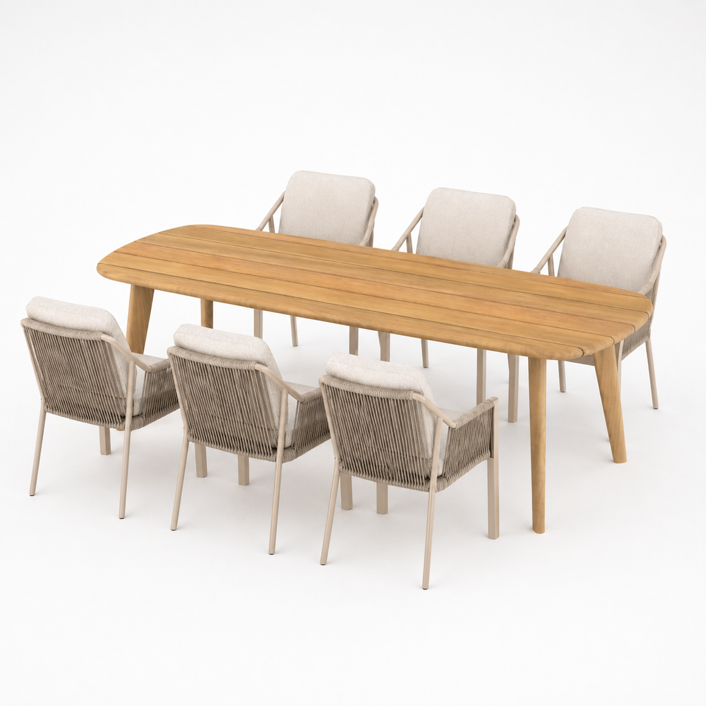 Deens ovale iroko tuinset Finn - 6 tuinstoelen Liv champagne