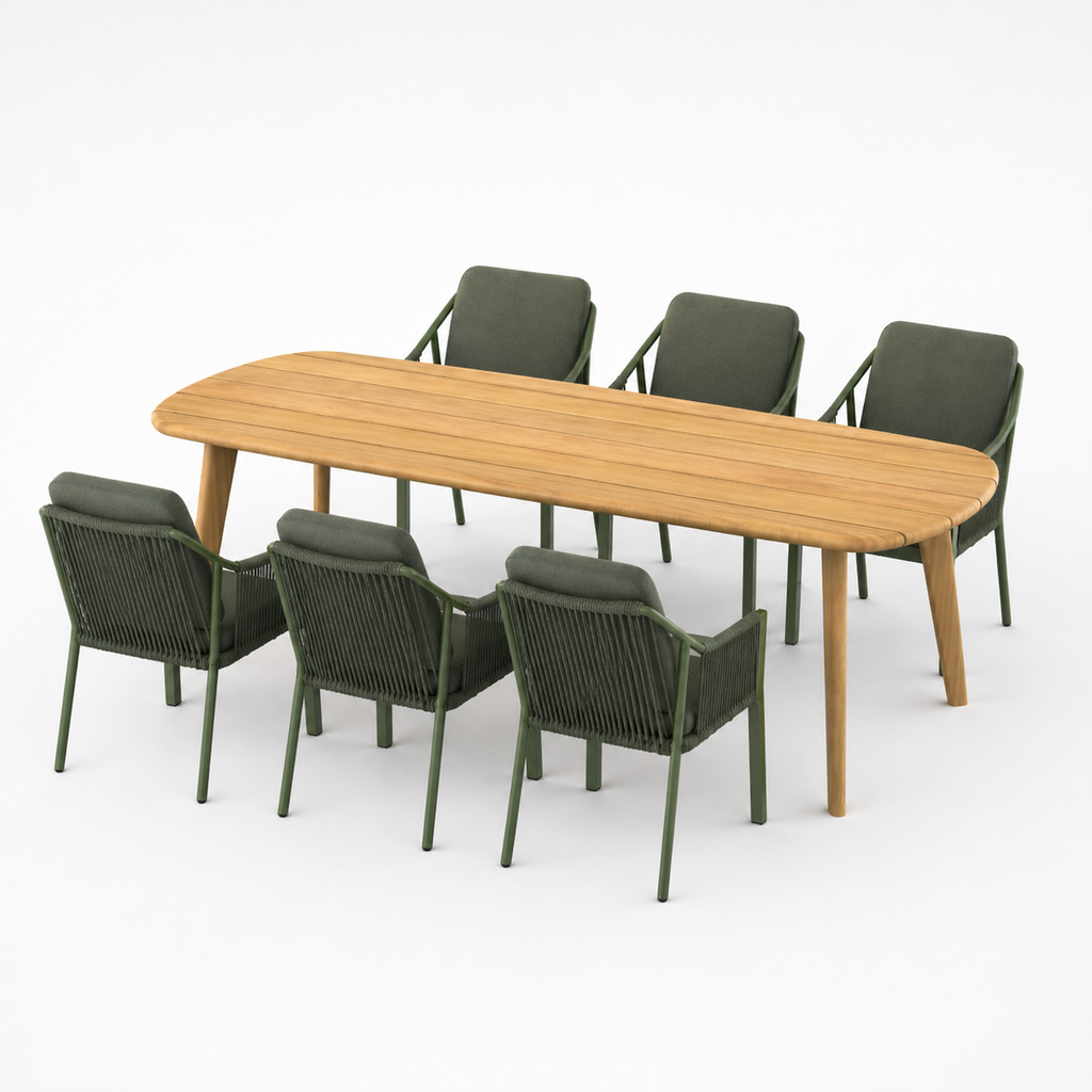 Deens ovale iroko tuinset Finn - 6 tuinstoelen Liv groen