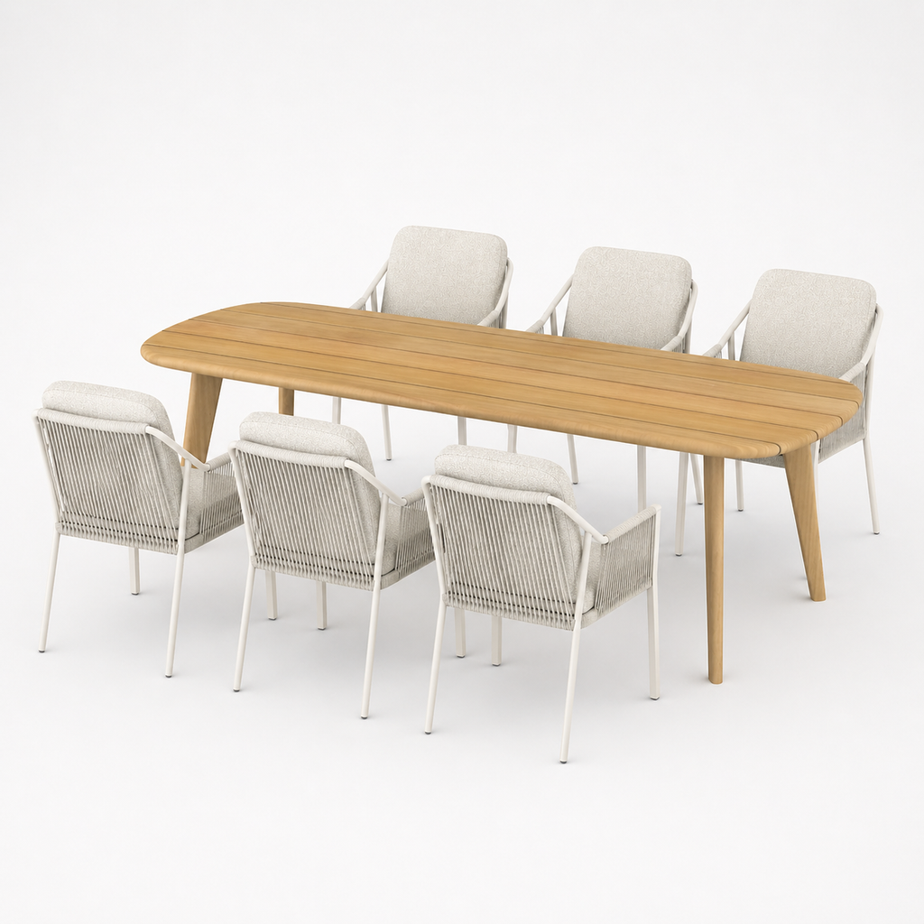 Deens ovale iroko tuinset Finn - 6 tuinstoelen Liv wit