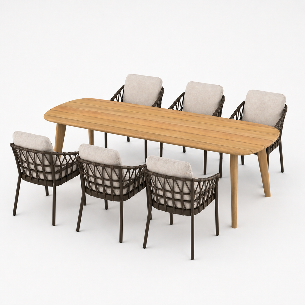 Deens ovale iroko tuinset Finn - 6 tuinstoelen Nevada chocolat
