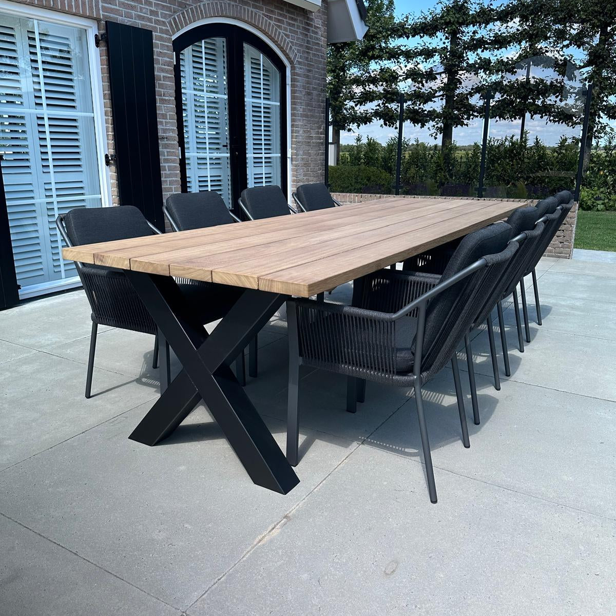 Iroko tuinset X-poten zwart - tuinstoelen liv zwart 8 persoons - 300 cm