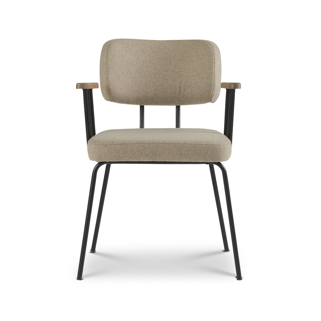 Ted eetkamerstoel met armleuning - new wool stone - zwart onderstel - armleuning tabacco