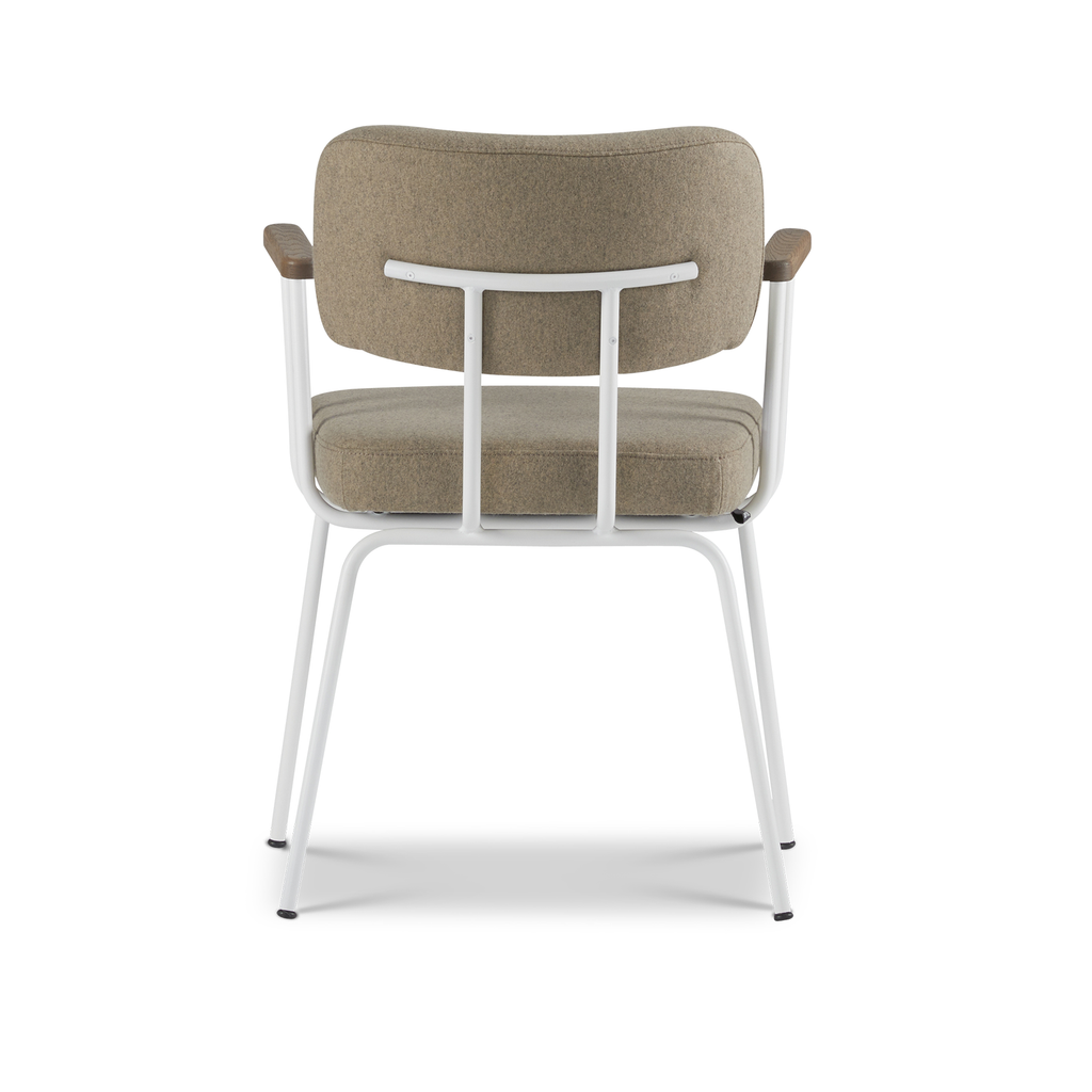 Ted eetkamerstoel met armleuning - new wool stone - wit onderstel - armleuning tabacco