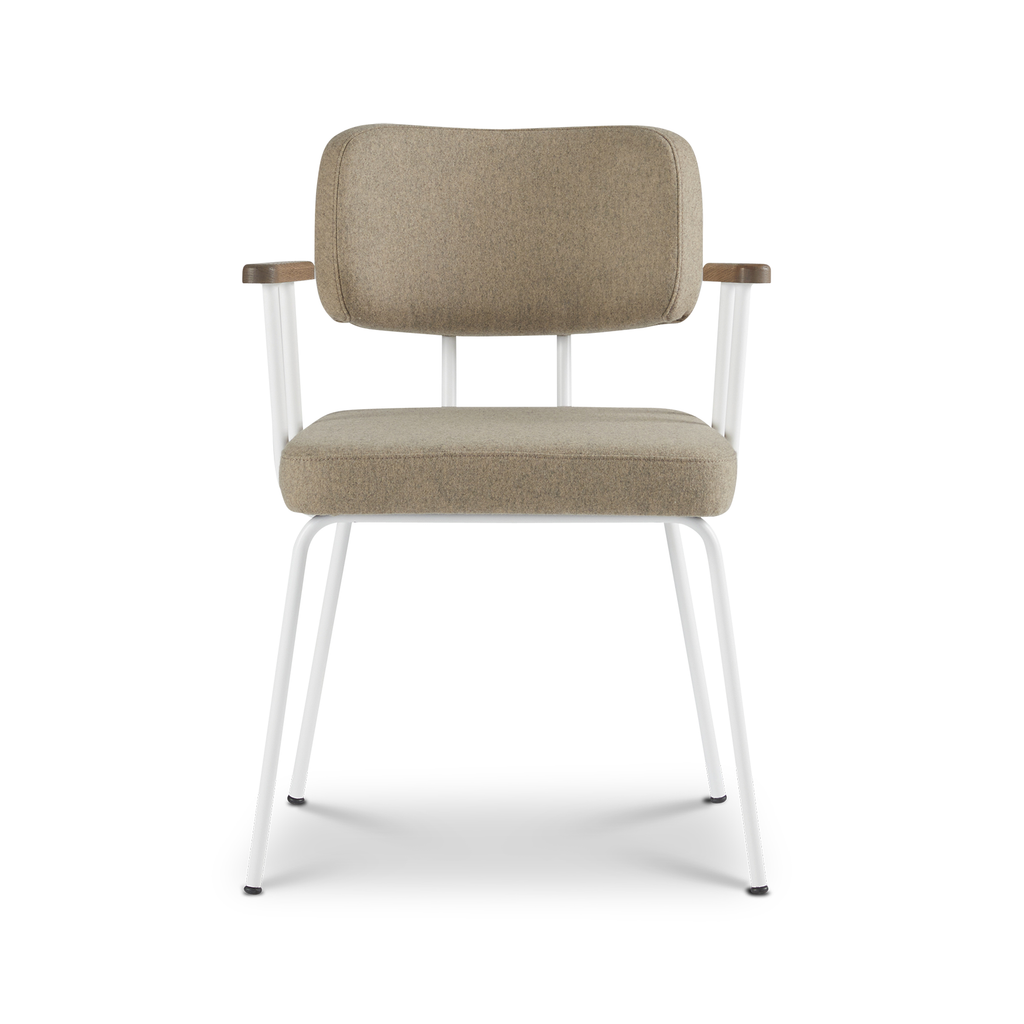 Ted eetkamerstoel met armleuning - new wool stone - wit onderstel - armleuning tabacco