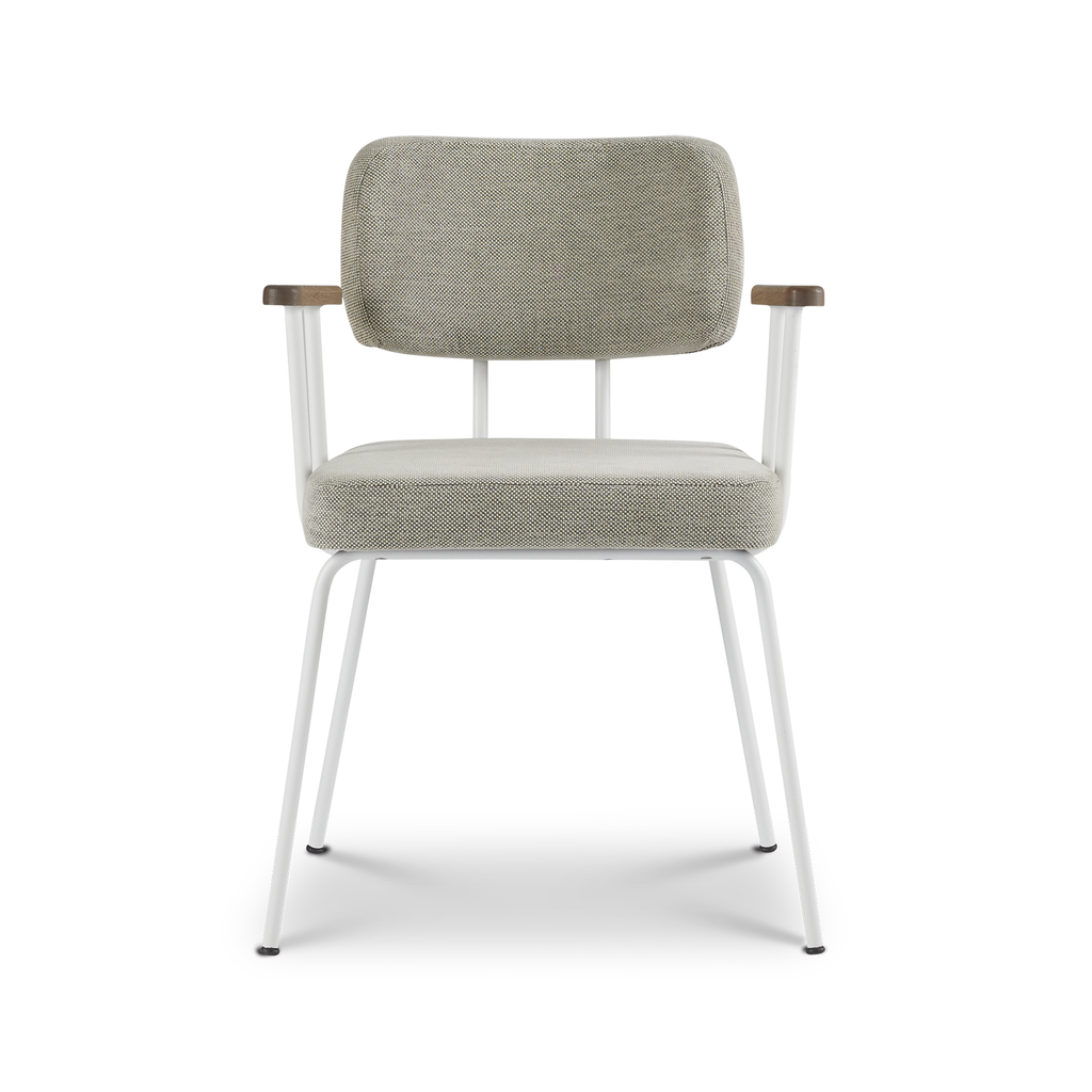 Ted eetkamerstoel met armleuning - portofino multigrey - wit onderstel - armleuning tabacco